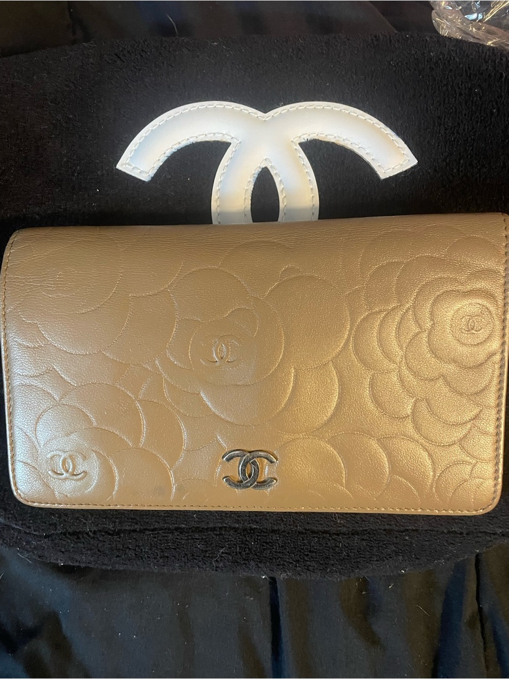 Authentic CHANEL Gold Camellia-Embossed Leather Clutch
